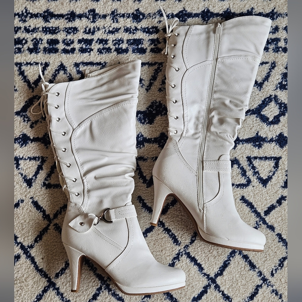 Top Moda White Boots Lace Up Back Sexy Heels Slight Slouch Side Zipper